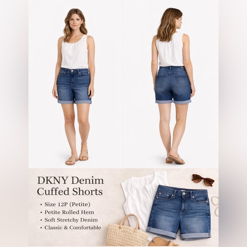 DKNY denim cuffed shorts size 12p petite rolled hem classic fit blue wash summer